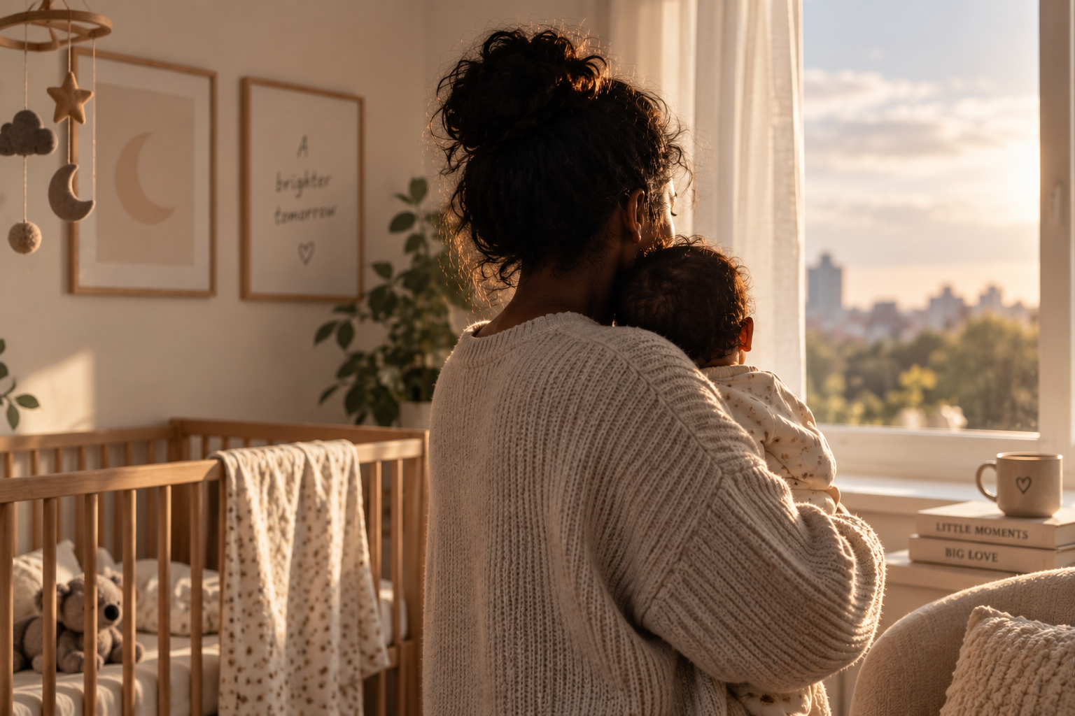 A parent holding their baby by a nursery window at sunrise
