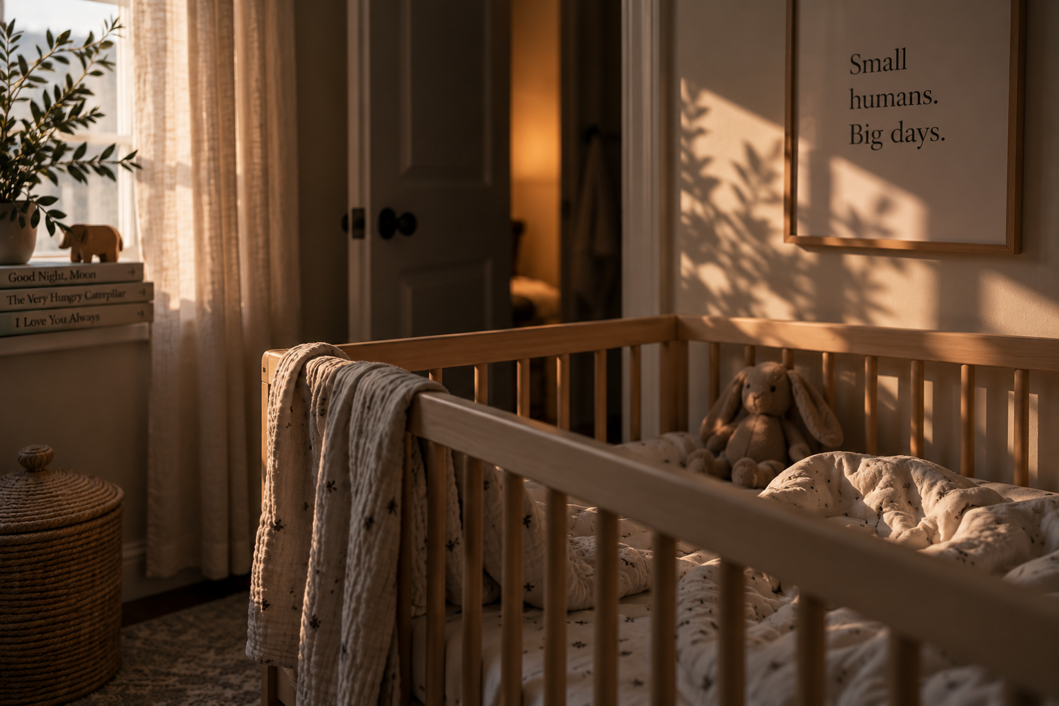 A cot in a quiet nursery in late afternoon light