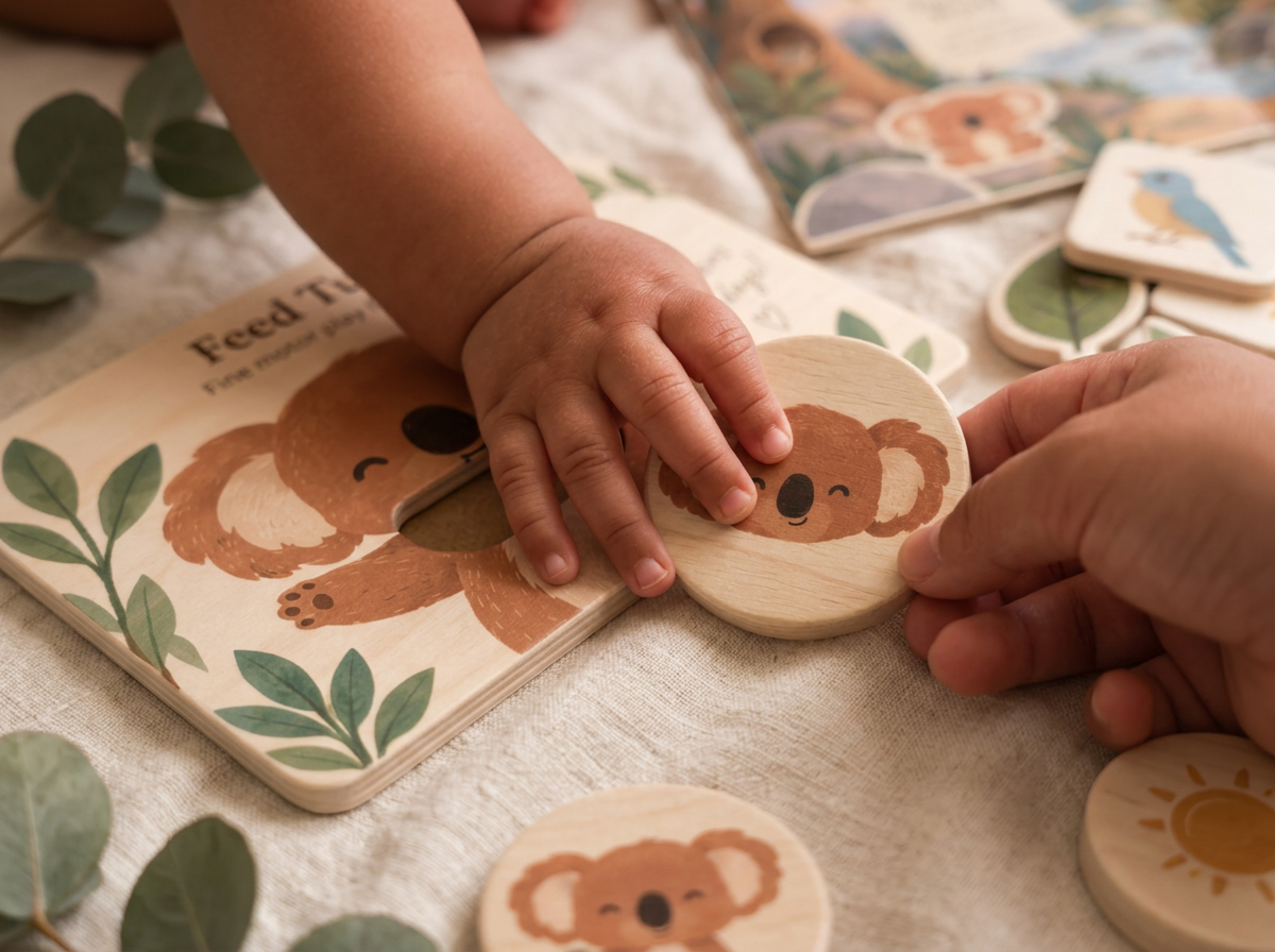 A baby reaching for and grasping a Tucksy Play Mail token