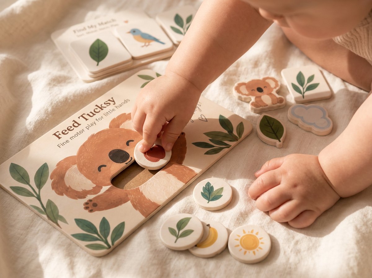 A toddler posting a token into the Feed Tucksy board